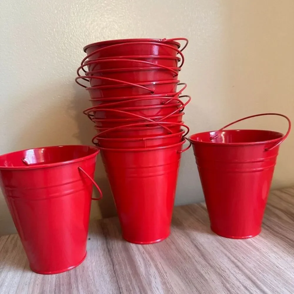 12 Red Mini Metal Buckets Containers decor 5” Pails Candy Gift Party Favor